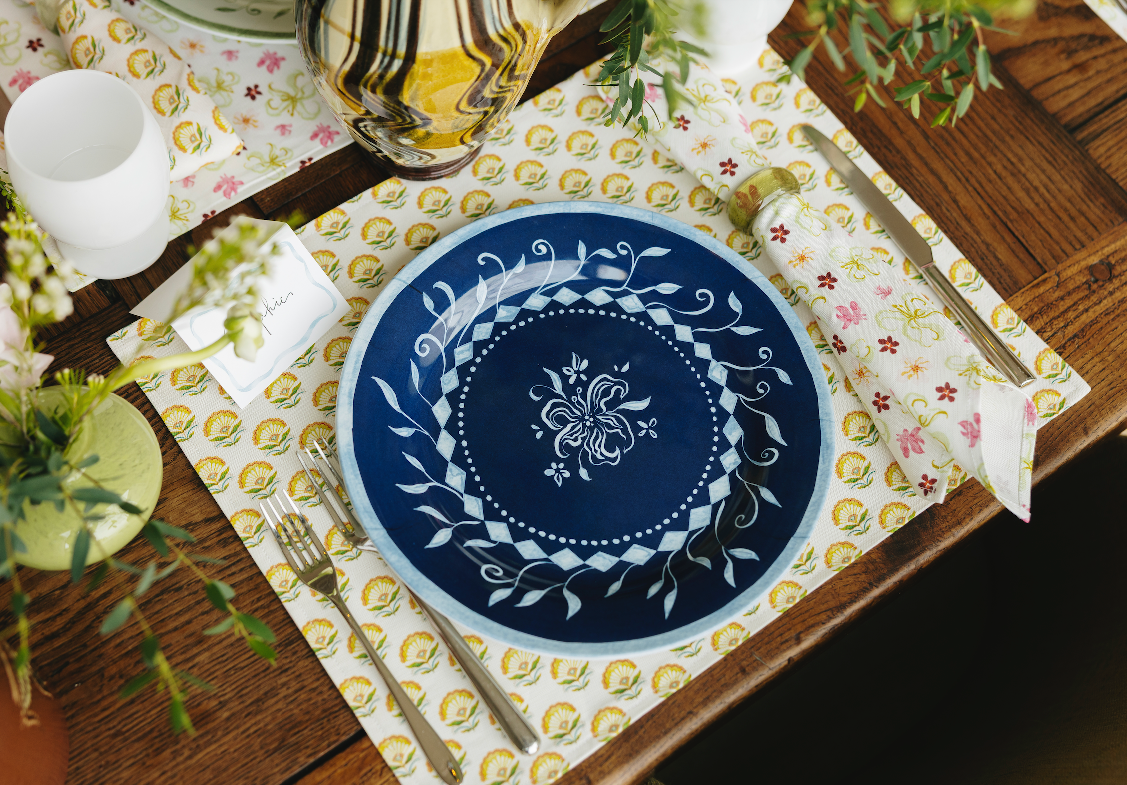 Botanical Melamine Plate, Midnight - Set of 4